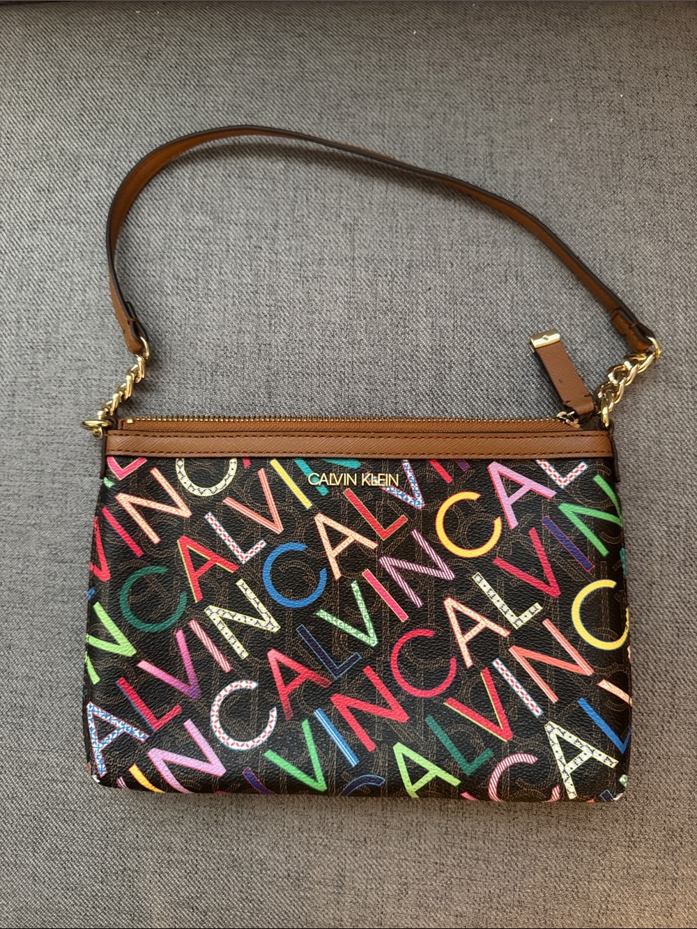 Calvin Klein Black Multicolor Logo Shoulder Bag with Brown Trim